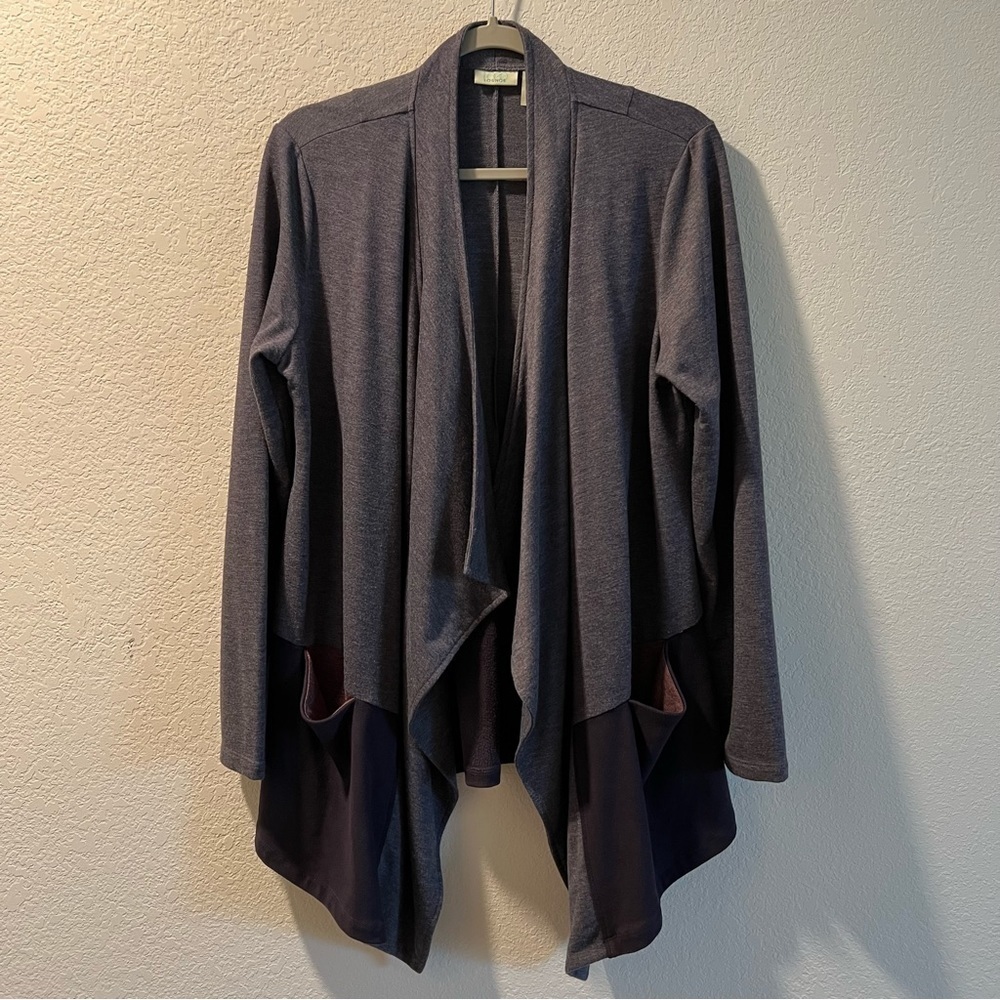 Women’s LOGO gray purple drape front open front cardigan sweater size Medium M